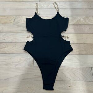 Women’s black chain cutout party bodysuit